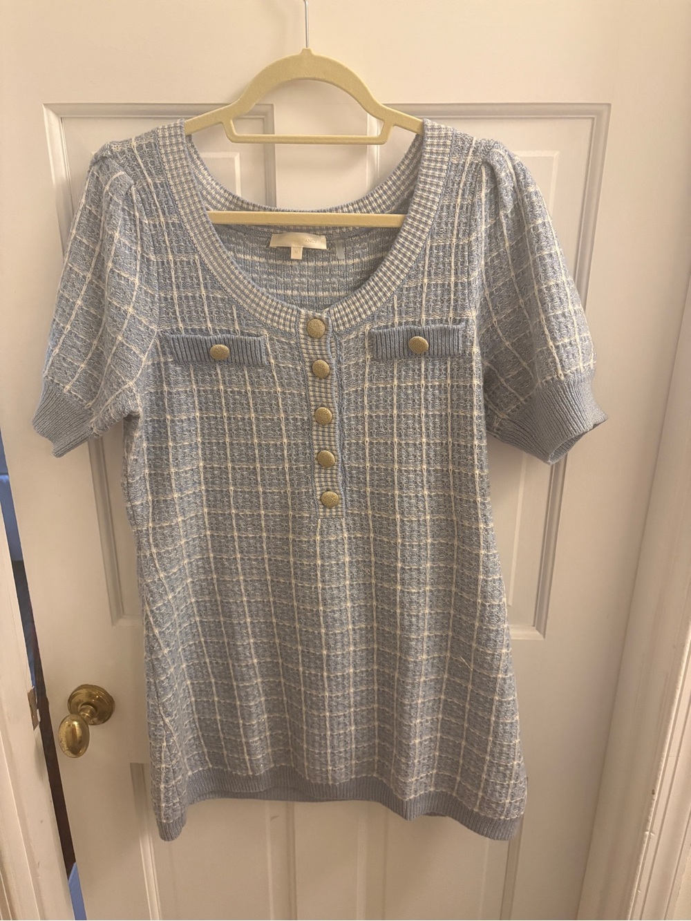 LoveShackFancy light blue and cream knit tweed sweater dress with gold buttons